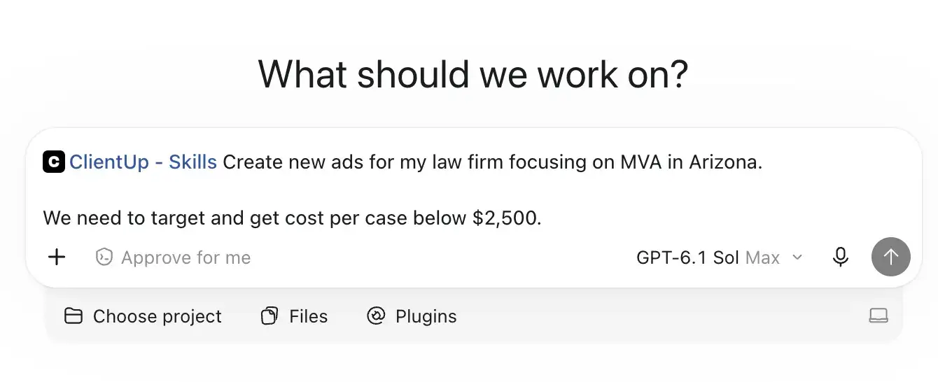 The AI CEO prompt: create new ads for my law firm focusing on MVA in Arizona, with cost per case below $2,500